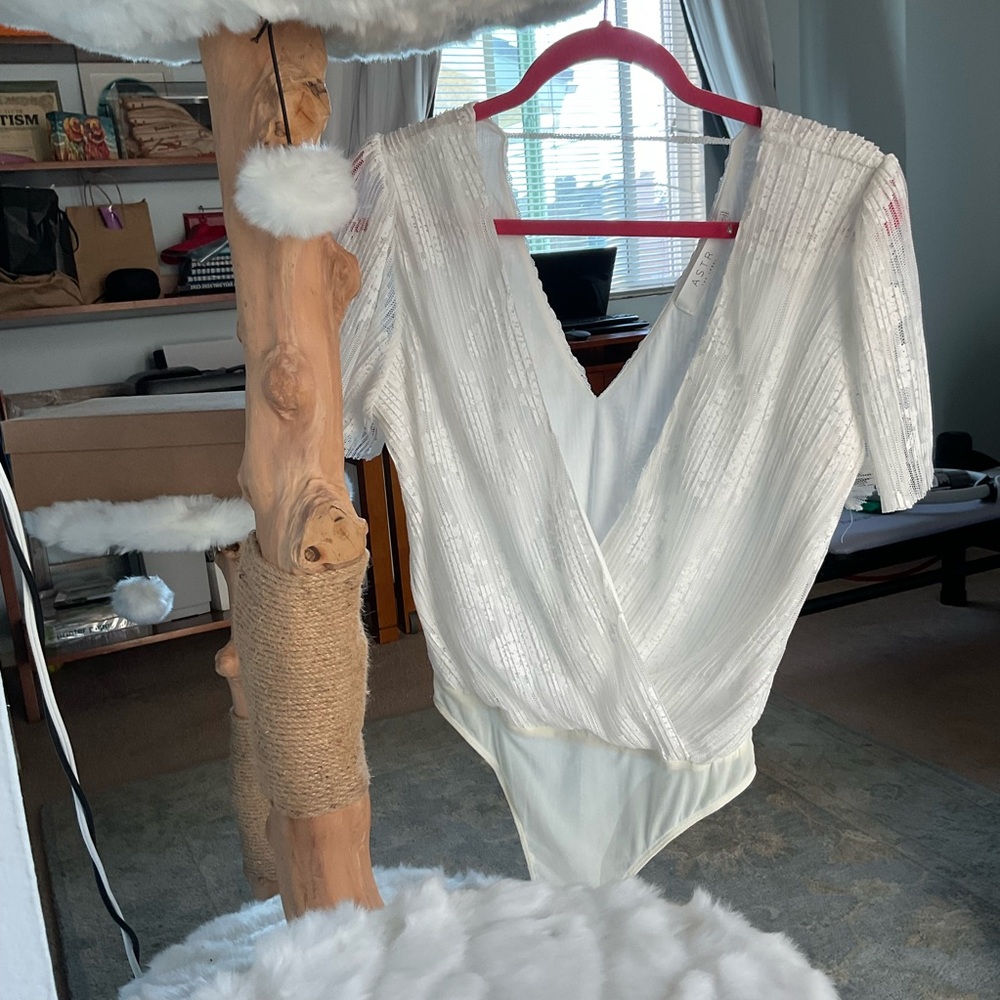 Astr White Lace Surplice Bodysuit with Pink Straps